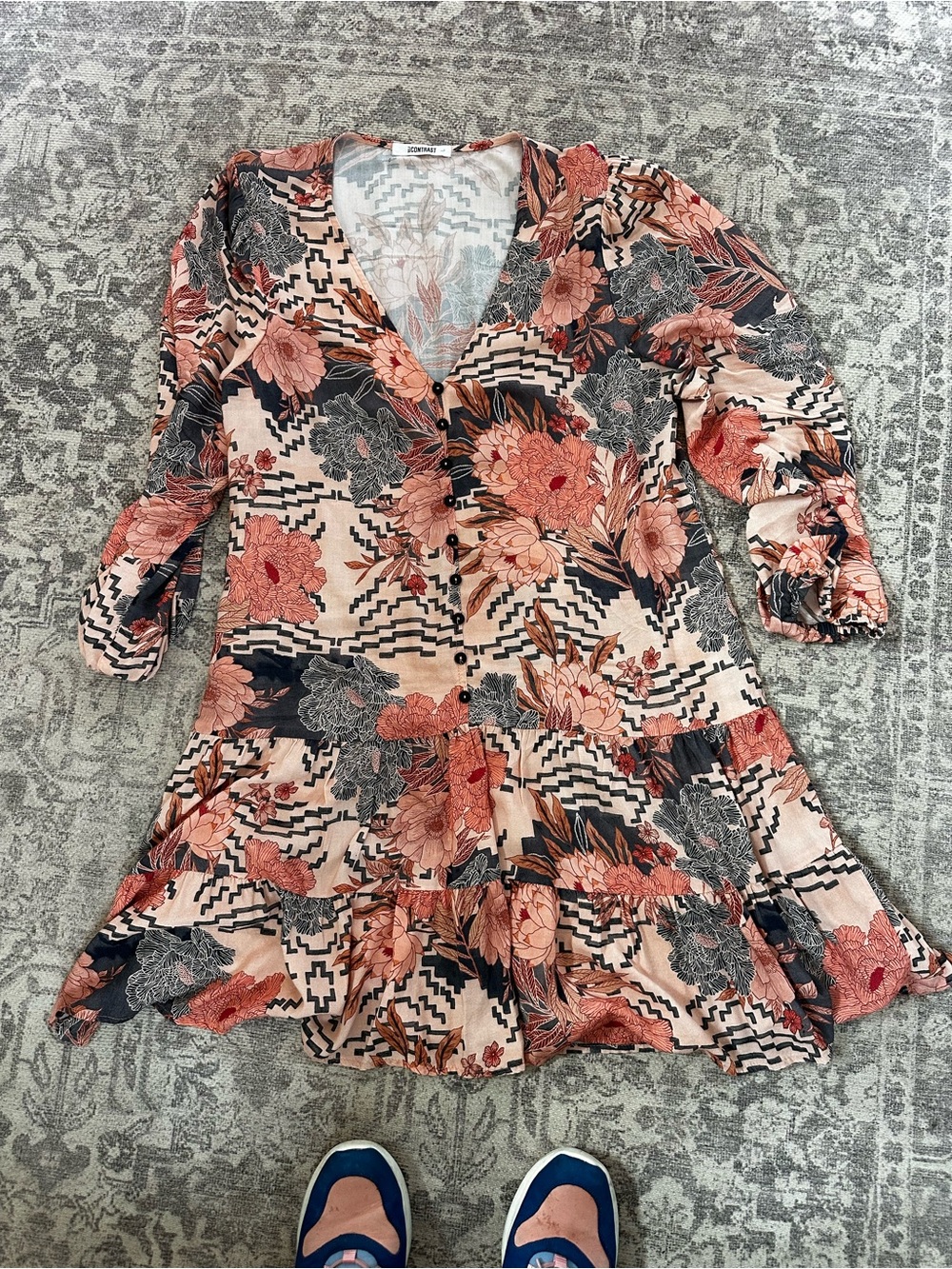 Floral Button-Front Mini Dress in Peach Multi by Unknown